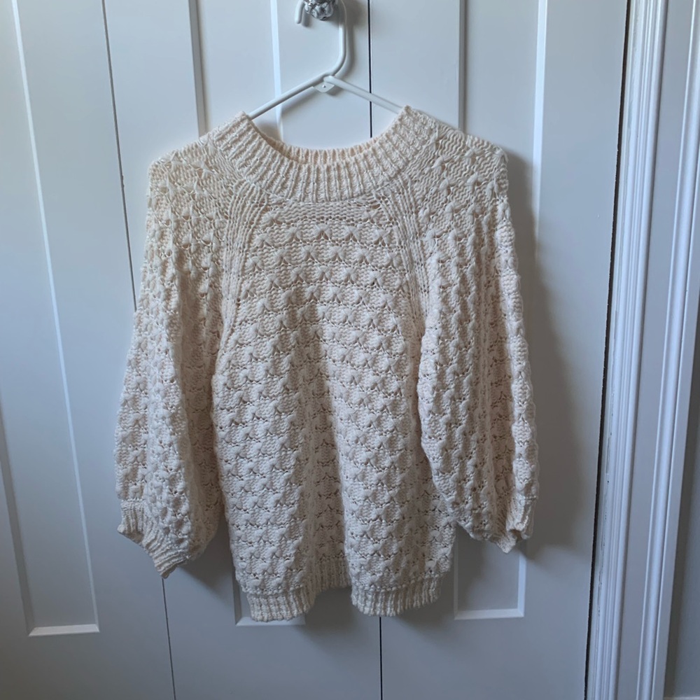 REBECCA TAYLOR Puff Sleeve Chunky Sweater Ecru S